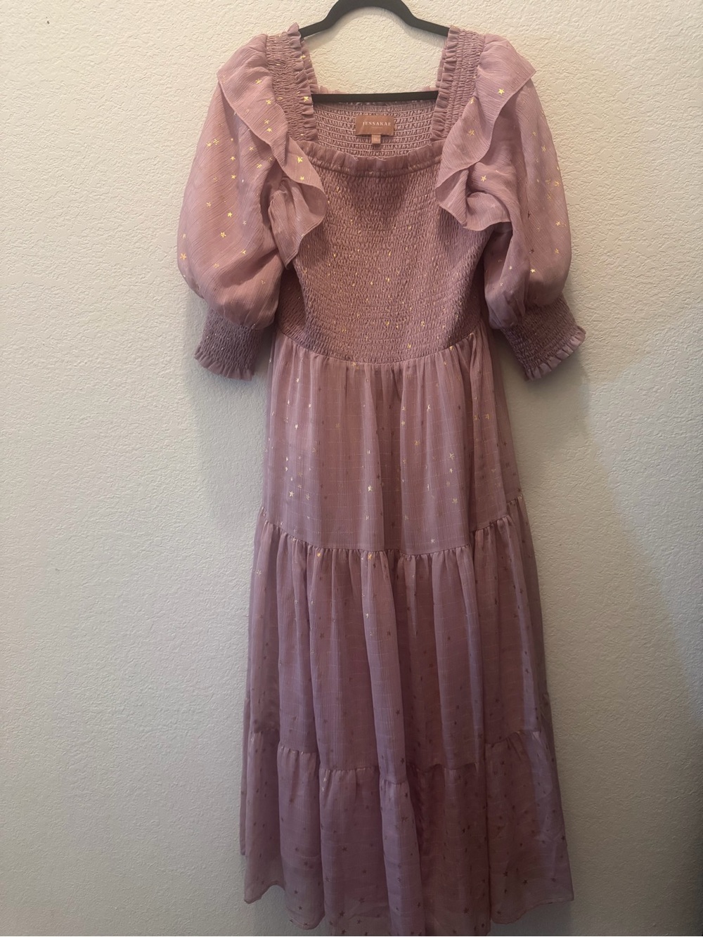 XL JessaKae Dusty Rose Tiered Maxi Dress with Gold Foil Stars